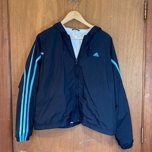 Adidas long sleeved hooded wind breaker jacket size large